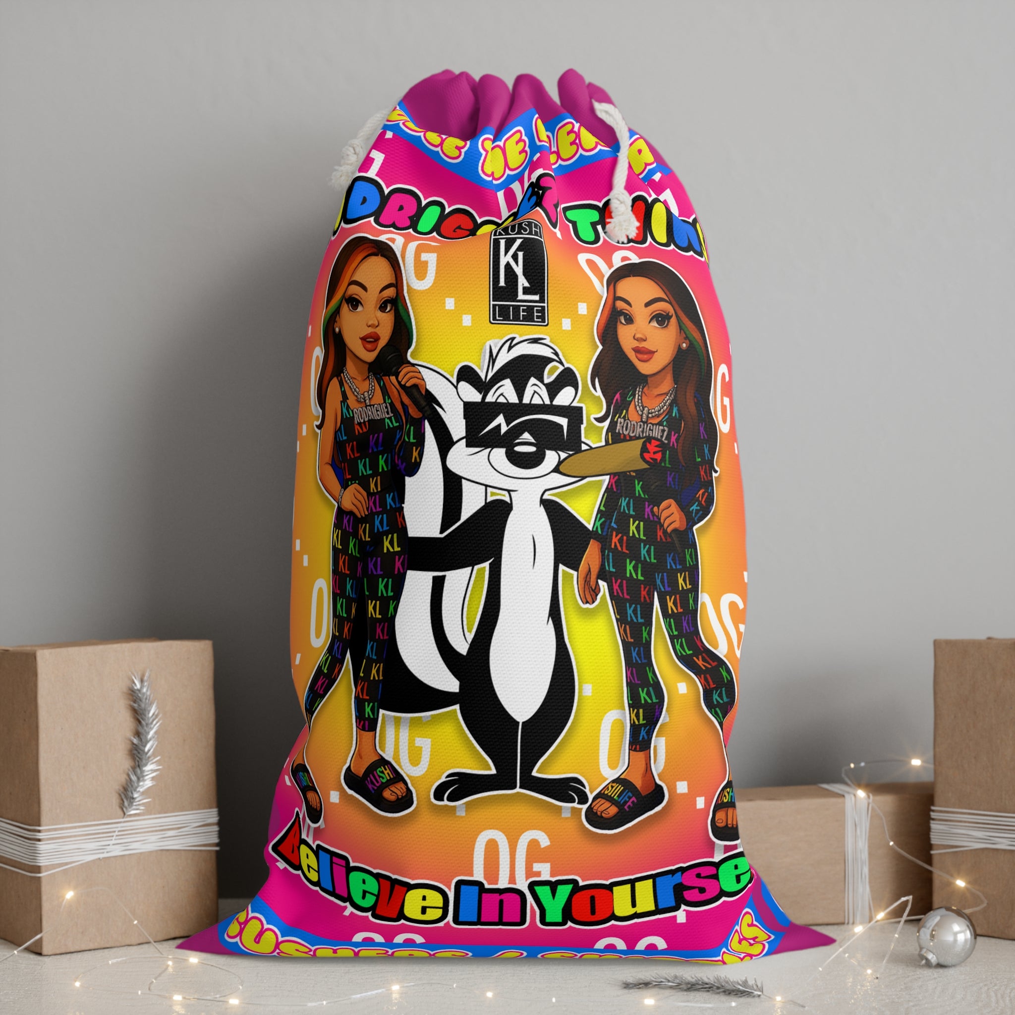 Kushlife x Rodriguez Twins Drawstring Bag — "Rodriguez Twins" Believe In Yourself Candy Sack